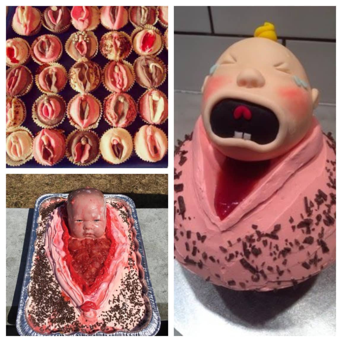 Collage gâteaux baby shower vagina cake