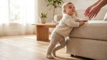 Développement bébé 10 mois : station debout et imitation