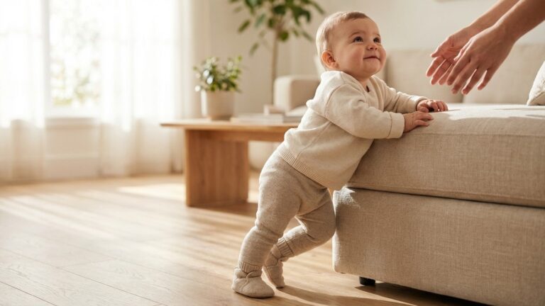 Développement bébé 10 mois : station debout et imitation