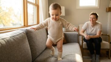 Développement bébé 11 mois : premiers pas avec appui et vocabulaire