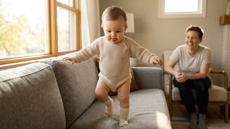 Développement bébé 11 mois : premiers pas avec appui et vocabulaire