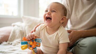Développement bébé 4 mois : rires aux éclats et préhension volontaire