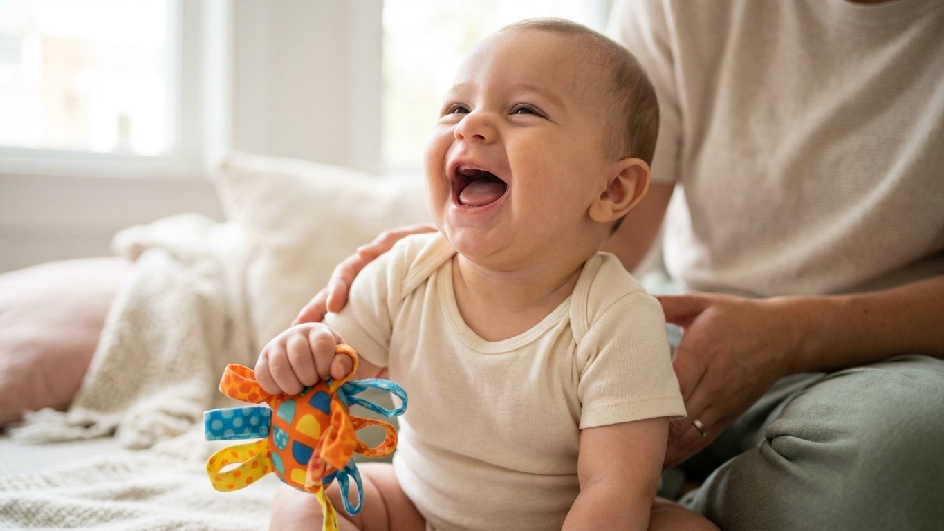 Développement bébé 4 mois : rires aux éclats et préhension volontaire